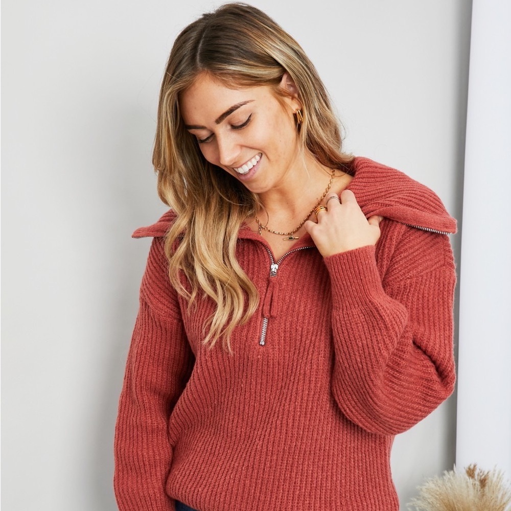 Very J Quarter-Zip Rib-Knit Collared Sweater